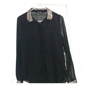 Sheer black w/ silver sequin detailed button up